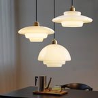 Alba | Milk Glass Pendant Light, Tiered White Glass Hanging Lamp with Brass, Mid Century Dining Light