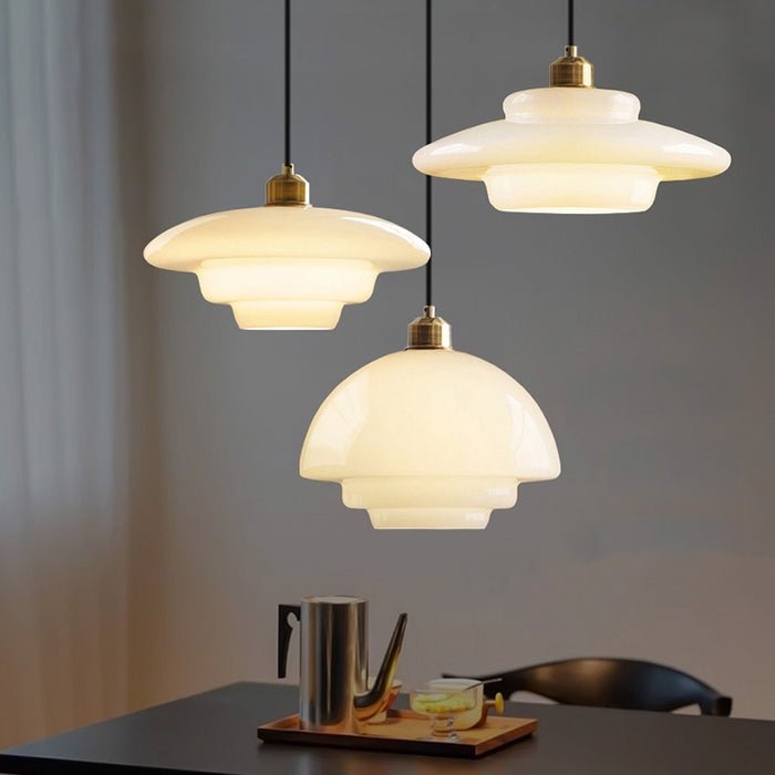 Alba | Milk Glass Pendant Light, Tiered White Glass Hanging Lamp with Brass, Mid Century Dining Light