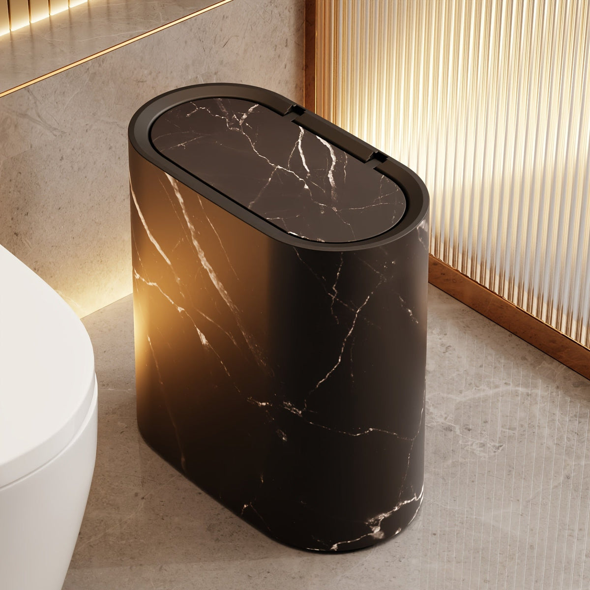 Vena | Marble Trash Can with Lid, Slim Oval Bathroom Wastebasket, Modern Kitchen and Office Bin