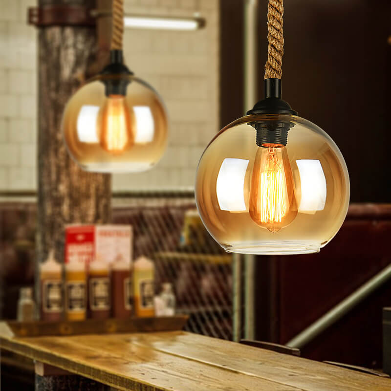 Vintage Rope | Glass Globe Pendant Light, Rustic Farmhouse Rope Hanging Lamp for Kitchen Island