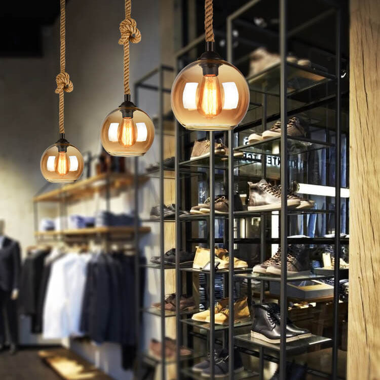 Vintage Rope | Glass Globe Pendant Light, Rustic Farmhouse Rope Hanging Lamp for Kitchen Island
