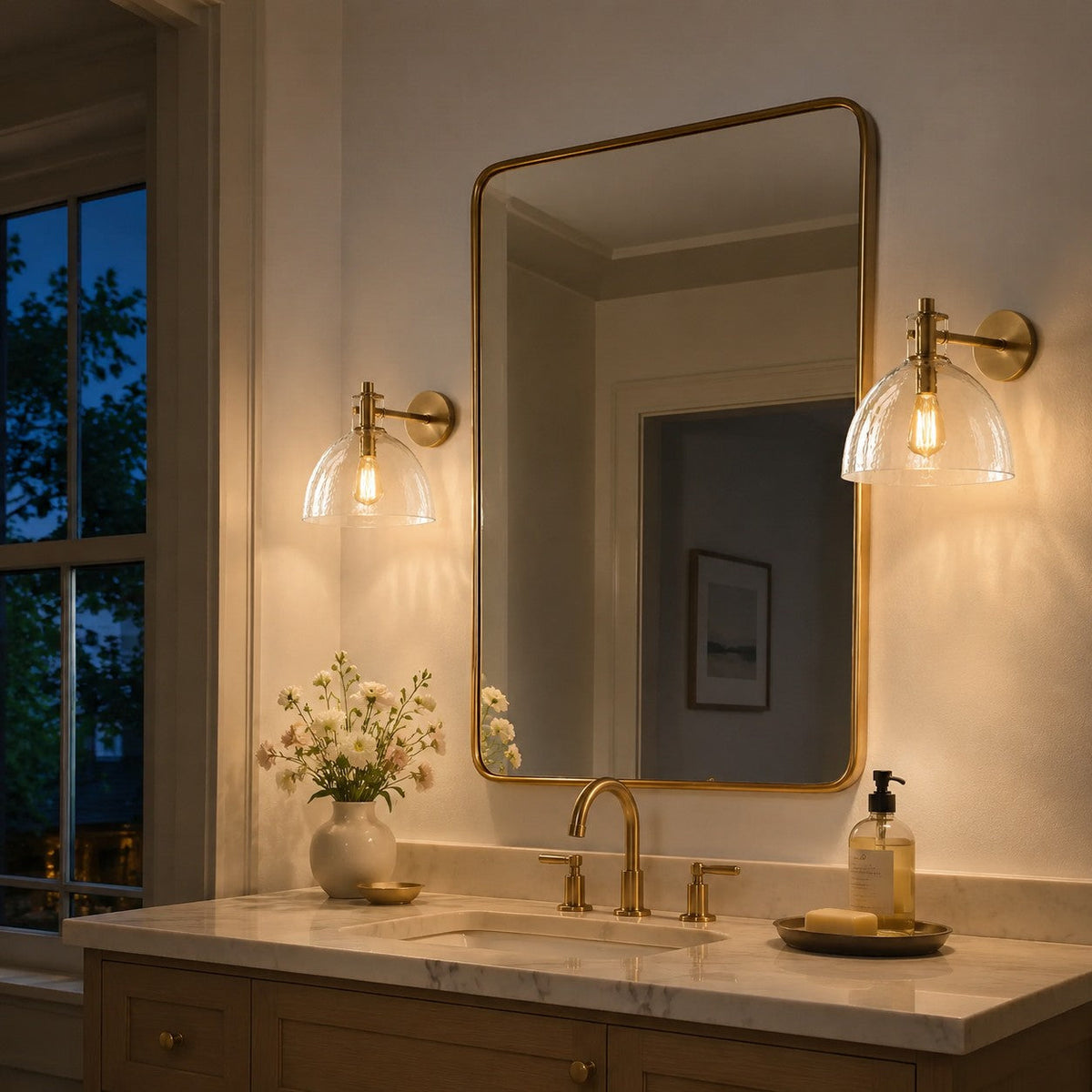 Xeno | Glass Wall Sconce, Antique Brass Bathroom Vanity Light, 1 to 3 Light Farmhouse Wall Light