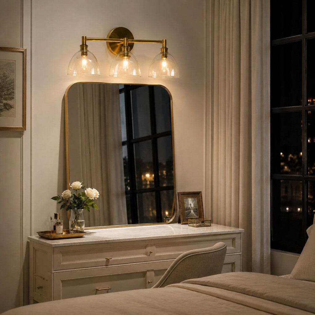 Xeno | Glass Wall Sconce, Antique Brass Bathroom Vanity Light, 1 to 3 Light Farmhouse Wall Light