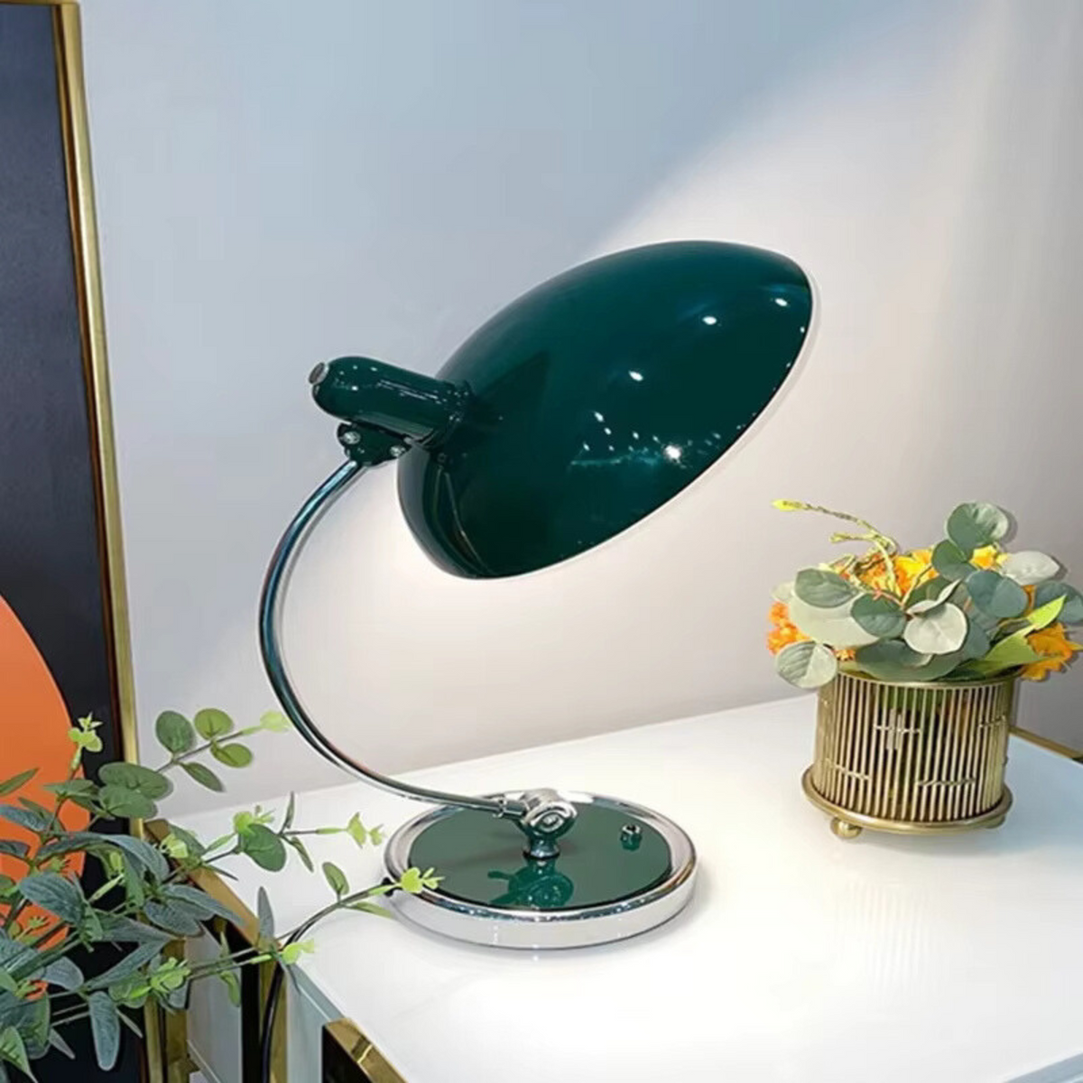 Cupola | Bauhaus Desk Lamp, Curved Arm Dome Table Lamp, Retro Chrome Reading Lamp for Office