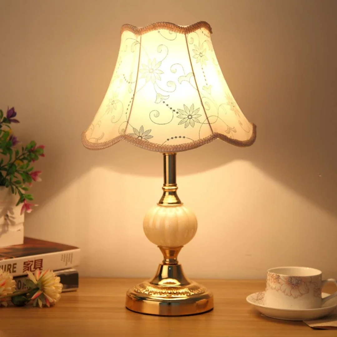 Rosalie | Vintage Table Lamp, Floral Fabric Shade Bedside Lamp with Gold Base, Cottage Nightstand Lamp