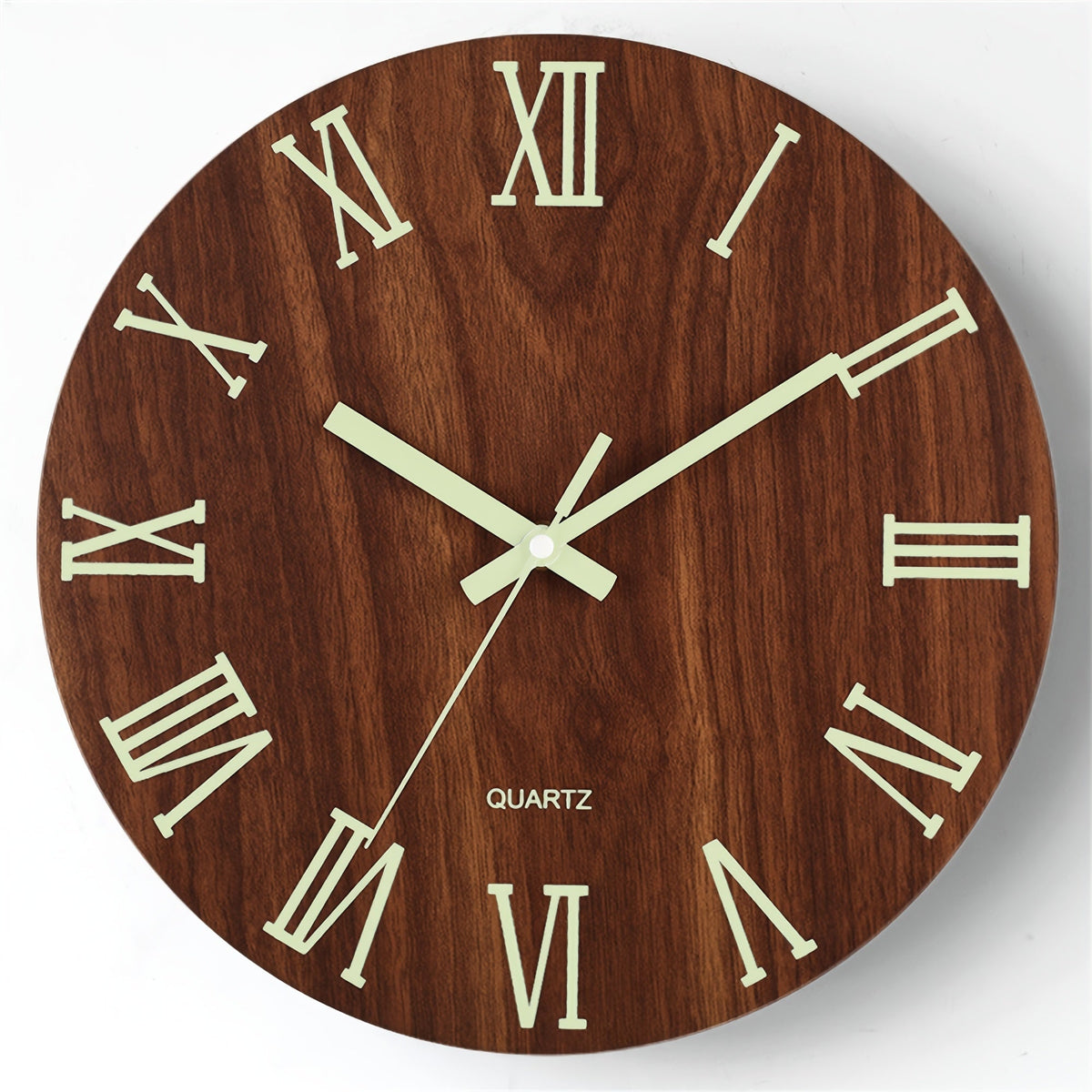 Nocturne | Glow in the Dark Wall Clock, Silent Walnut Wood Look Clock, Luminous Bedroom Clock