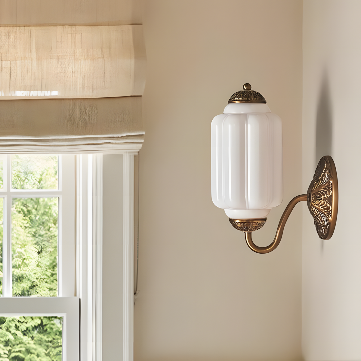 Opaline | Milk Glass Wall Sconce, Vintage Brass Bathroom Vanity Light, Ribbed Glass Bedroom Wall Light