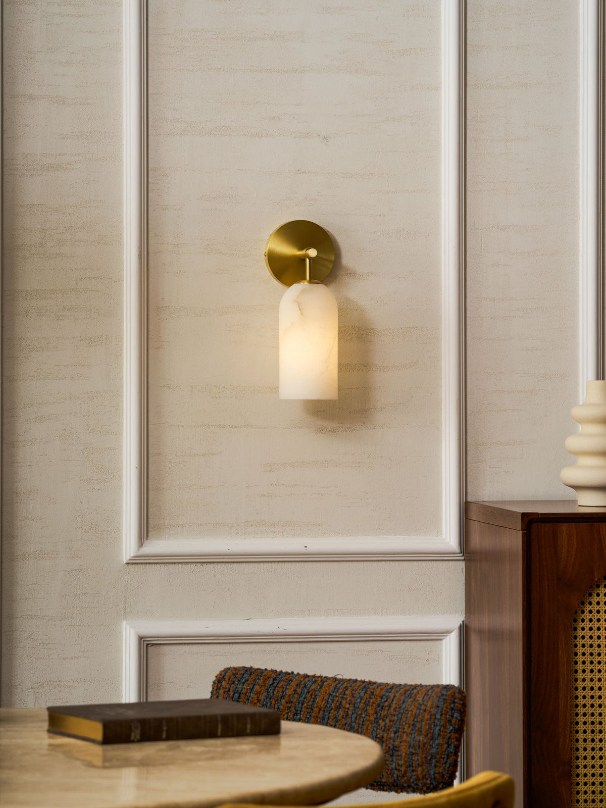 Corinth | Alabaster Wall Sconce, Cylinder Stone Wall Light in Gold, Bronze or Nickel