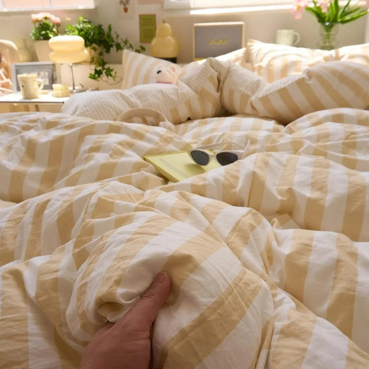 Eve | Washed Cotton Crepe Striped Quilt Set | Breathable Cozy Cotton Bedding