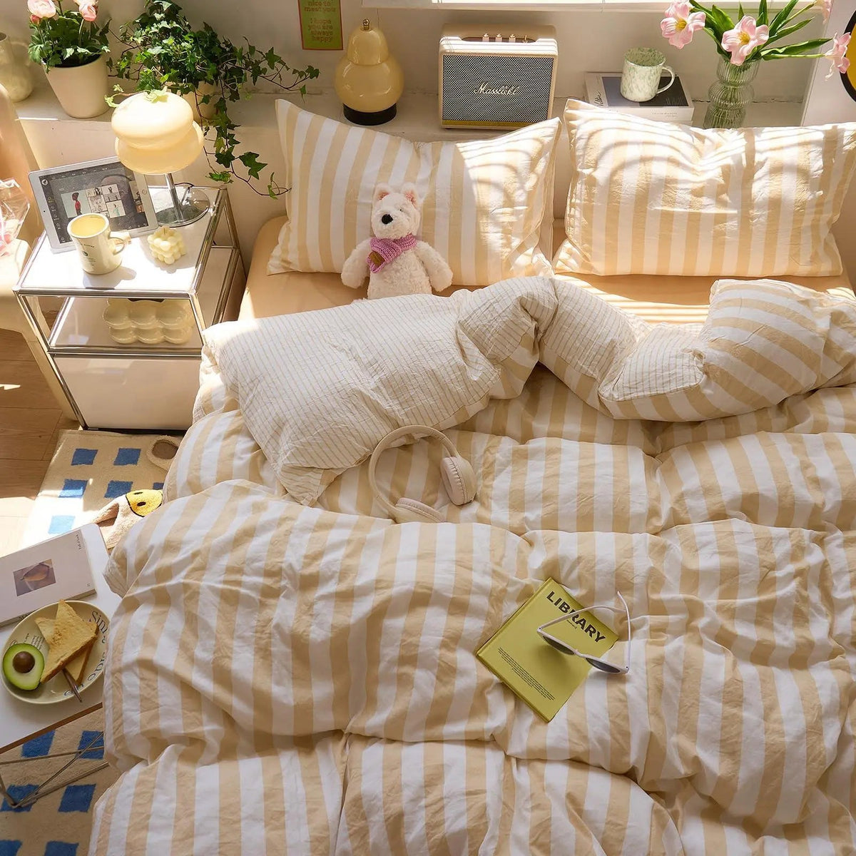 Eve | Washed Cotton Crepe Striped Quilt Set | Breathable Cozy Cotton Bedding