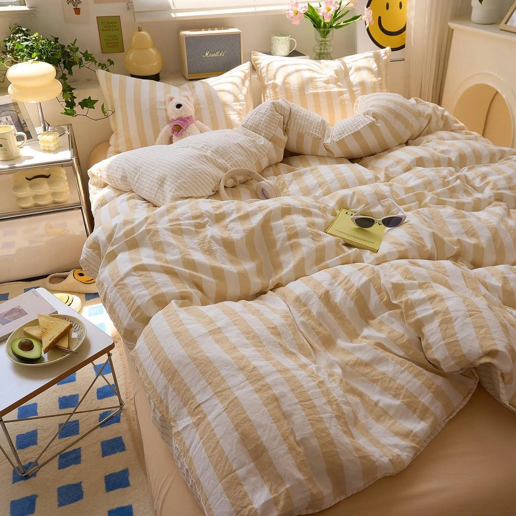 Eve | Washed Cotton Crepe Striped Quilt Set | Breathable Cozy Cotton Bedding