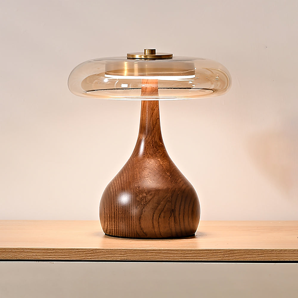 Andi | Glass Mushroom Table Lamp, Walnut Wood Bedside Lamp, 3 Color Plug In Desk Lamp