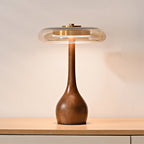 Andi | Glass Mushroom Table Lamp, Walnut Wood Bedside Lamp, 3 Color Plug In Desk Lamp