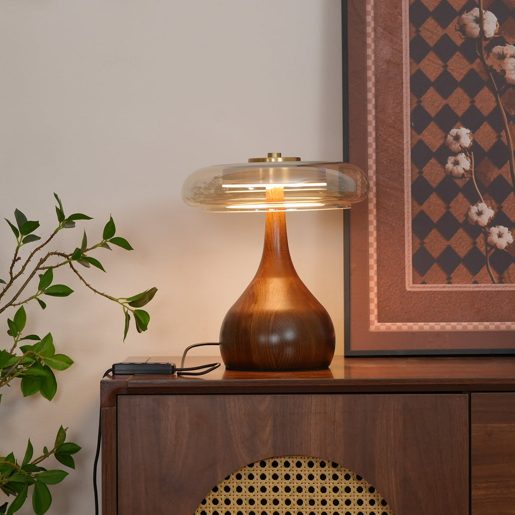 Andi | Glass Mushroom Table Lamp, Walnut Wood Bedside Lamp, 3 Color Plug In Desk Lamp