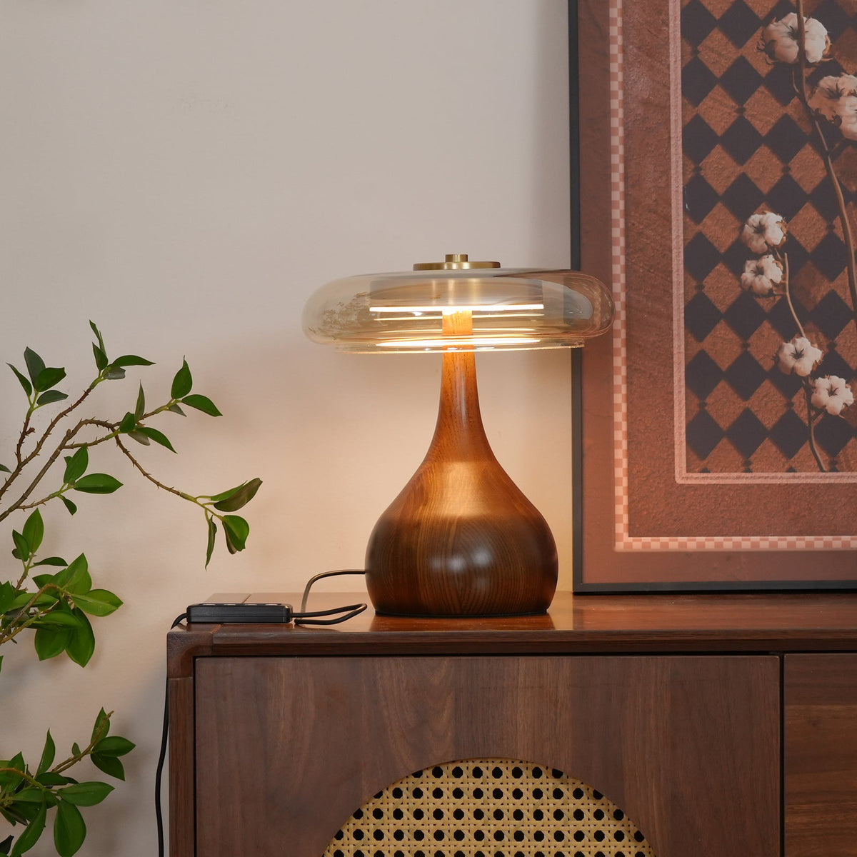 Andi | Glass Mushroom Table Lamp, Walnut Wood Bedside Lamp, 3 Color Plug In Desk Lamp