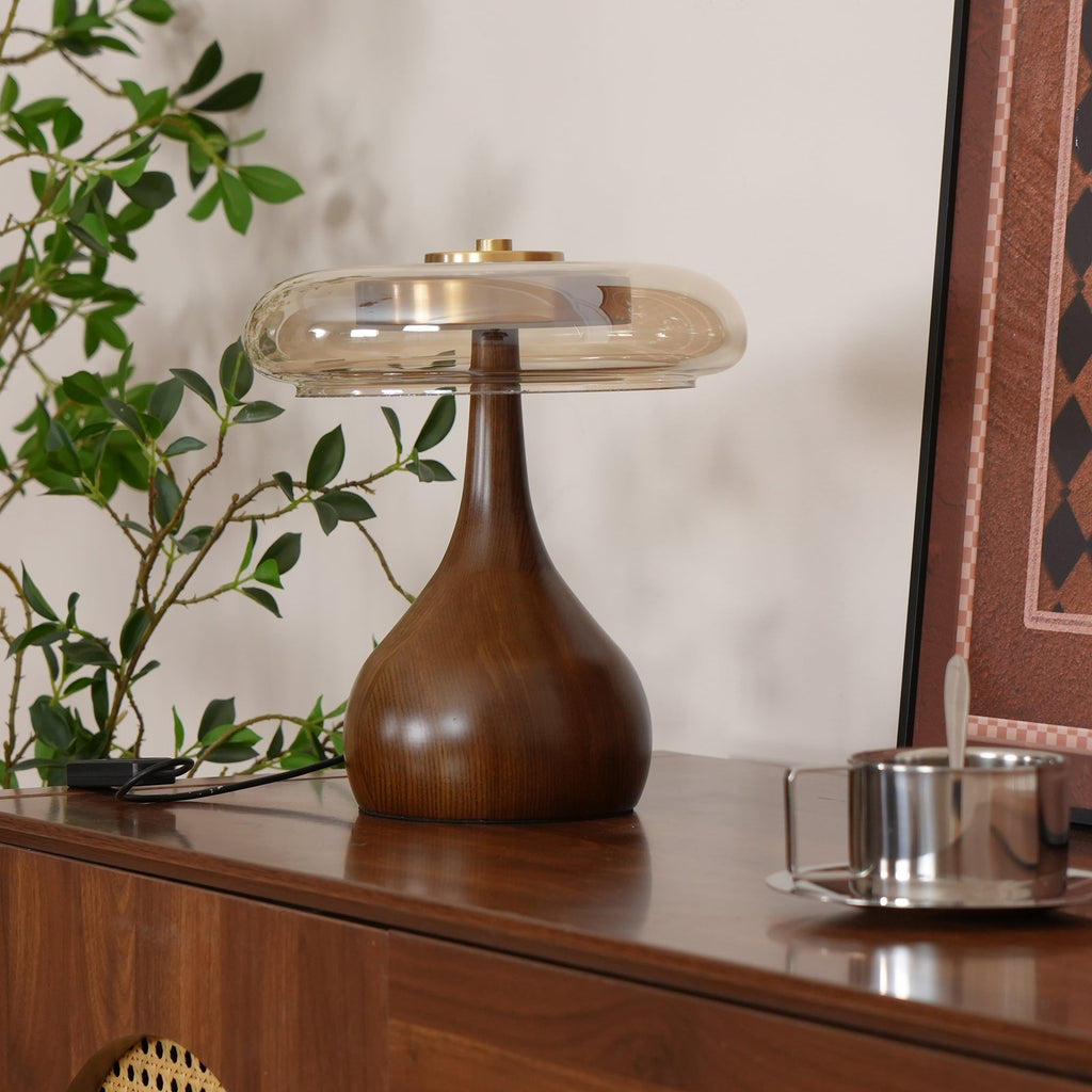 Andi | Glass Mushroom Table Lamp, Walnut Wood Bedside Lamp, 3 Color Plug In Desk Lamp