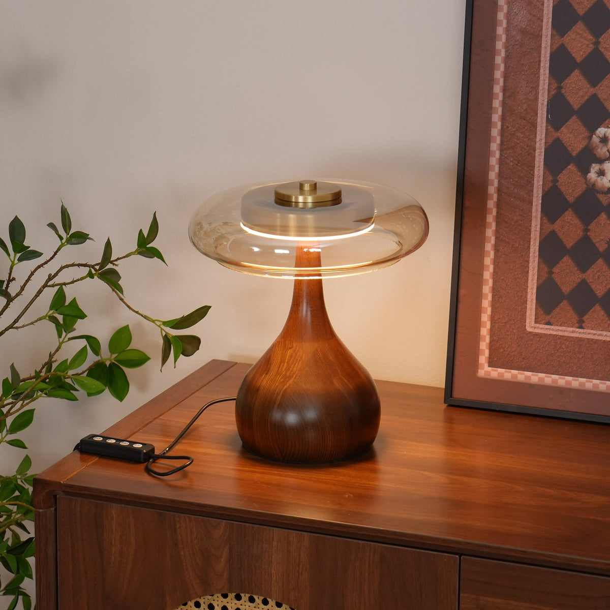 Andi | Glass Mushroom Table Lamp, Walnut Wood Bedside Lamp, 3 Color Plug In Desk Lamp