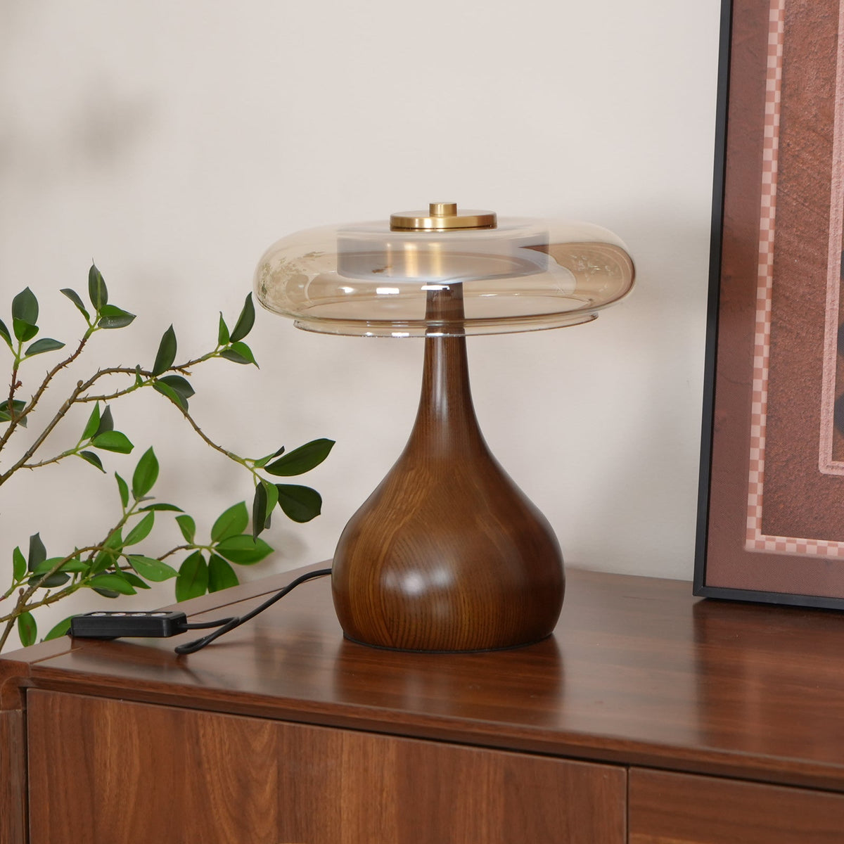 Andi | Glass Mushroom Table Lamp, Walnut Wood Bedside Lamp, 3 Color Plug In Desk Lamp