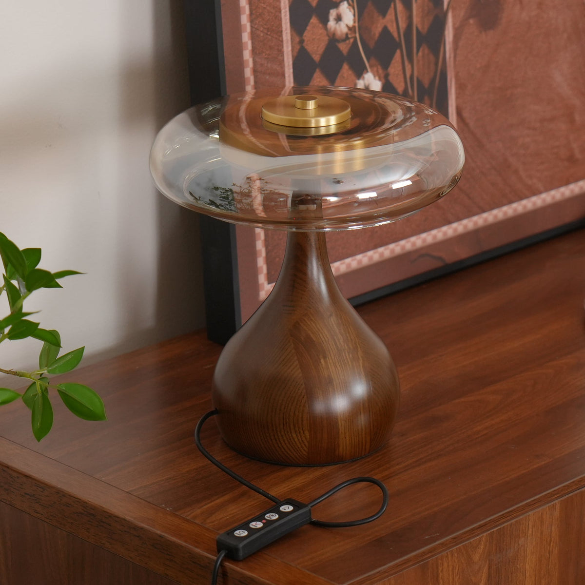Andi | Glass Mushroom Table Lamp, Walnut Wood Bedside Lamp, 3 Color Plug In Desk Lamp