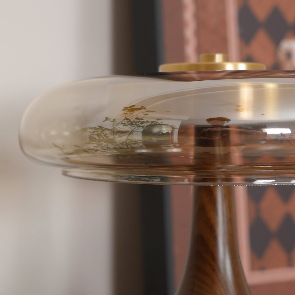 Andi | Glass Mushroom Table Lamp, Walnut Wood Bedside Lamp, 3 Color Plug In Desk Lamp