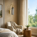 Azura | Ribbed Glass Wall Sconce, Gold Gooseneck Cylinder Wall Light, Alabaster or Travertine Shade