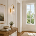 Azura | Ribbed Glass Wall Sconce, Gold Gooseneck Cylinder Wall Light, Alabaster or Travertine Shade