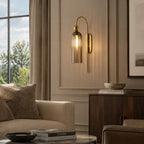 Azura | Ribbed Glass Wall Sconce, Gold Gooseneck Cylinder Wall Light, Alabaster or Travertine Shade