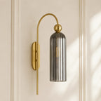 Azura | Ribbed Glass Wall Sconce, Gold Gooseneck Cylinder Wall Light, Alabaster or Travertine Shade