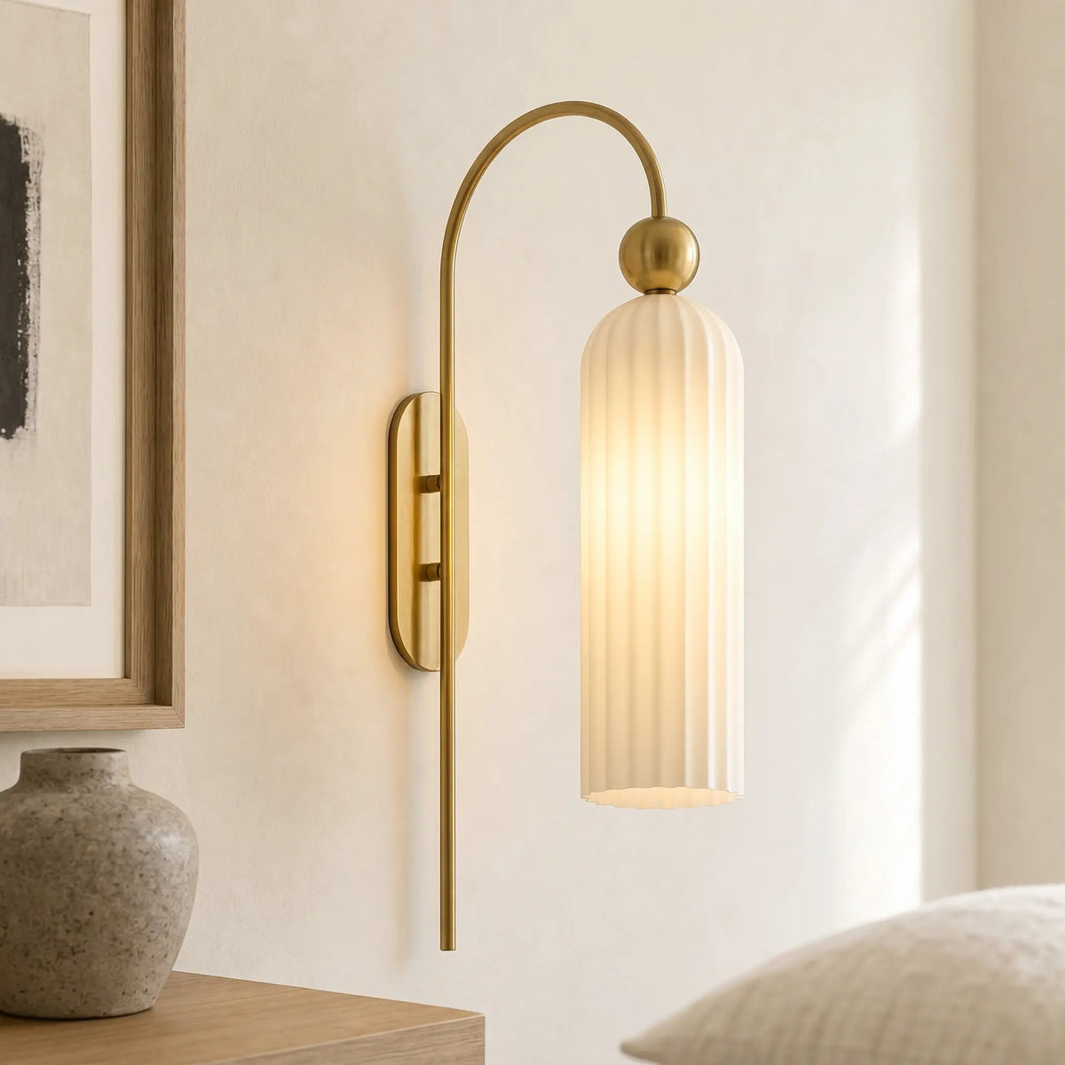 Azura | Ribbed Glass Wall Sconce, Gold Gooseneck Cylinder Wall Light, Alabaster or Travertine Shade