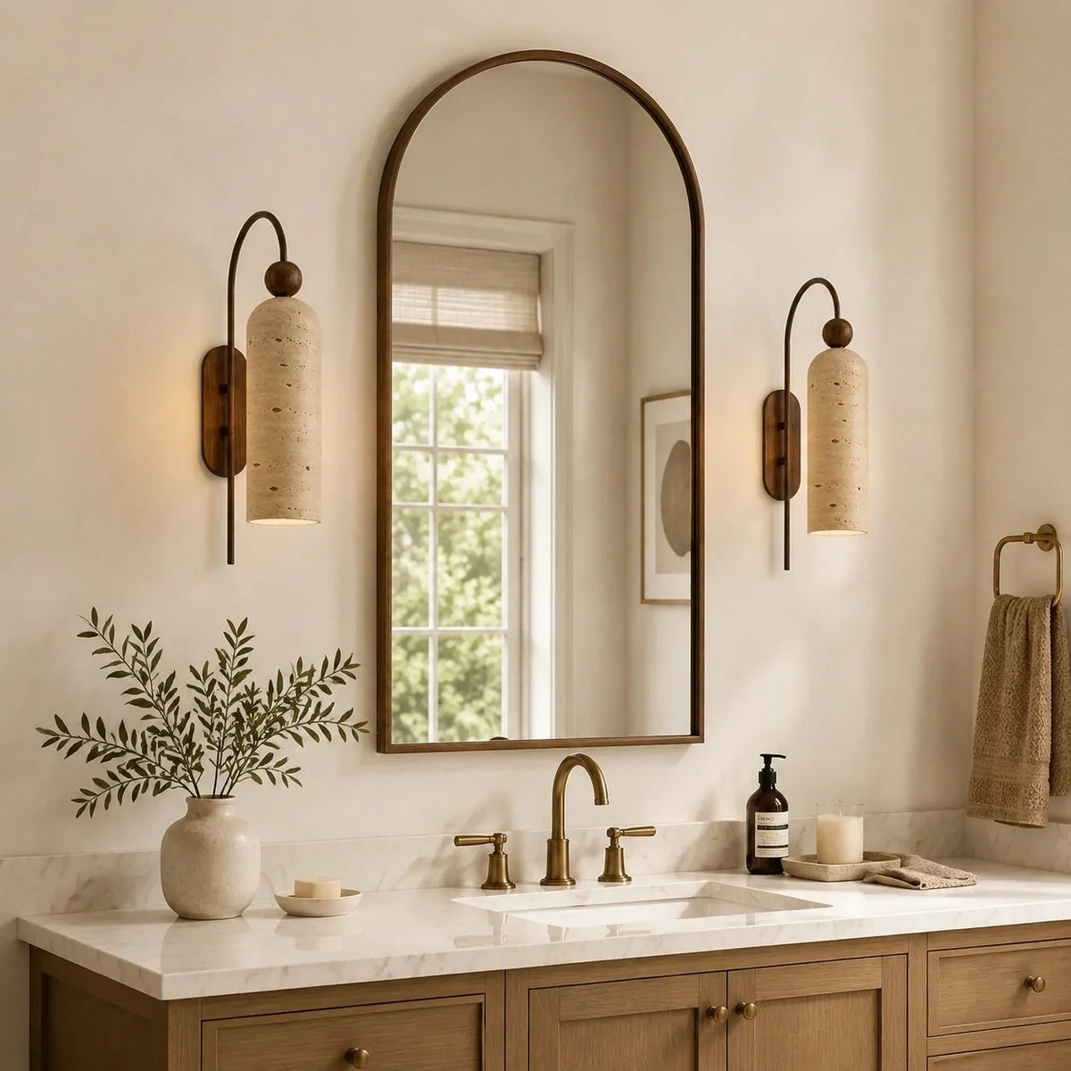 Azura | Ribbed Glass Wall Sconce, Gold Gooseneck Cylinder Wall Light, Alabaster or Travertine Shade