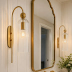 Azura | Ribbed Glass Wall Sconce, Gold Gooseneck Cylinder Wall Light, Alabaster or Travertine Shade