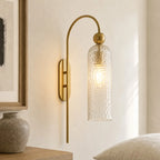 Azura | Ribbed Glass Wall Sconce, Gold Gooseneck Cylinder Wall Light, Alabaster or Travertine Shade