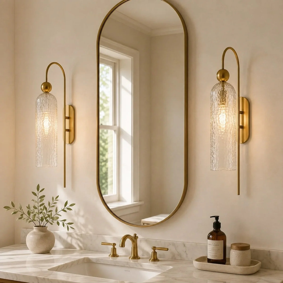 Azura | Ribbed Glass Wall Sconce, Gold Gooseneck Cylinder Wall Light, Alabaster or Travertine Shade