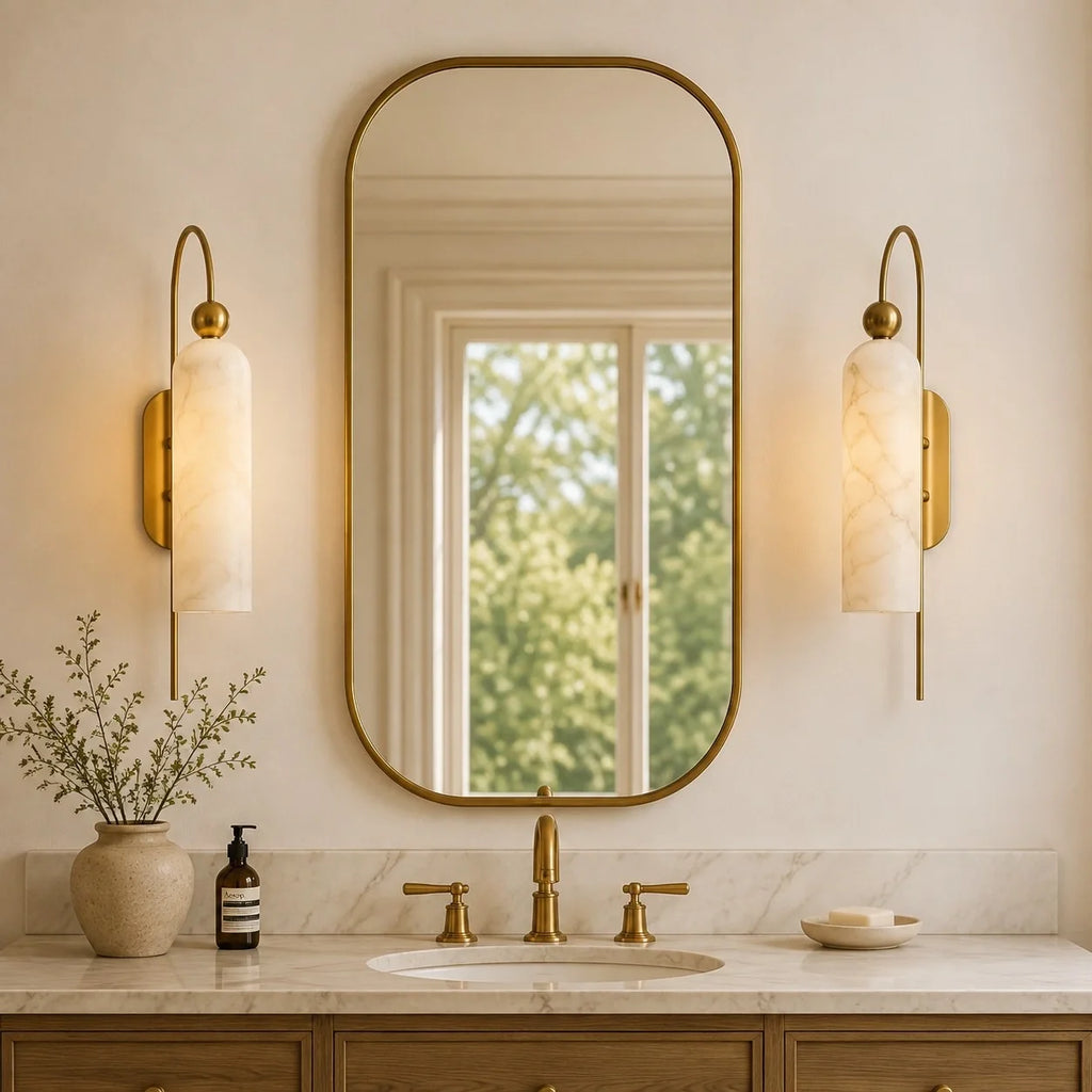 Azura | Ribbed Glass Wall Sconce, Gold Gooseneck Cylinder Wall Light, Alabaster or Travertine Shade