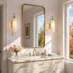 Azura | Ribbed Glass Wall Sconce, Gold Gooseneck Cylinder Wall Light, Alabaster or Travertine Shade