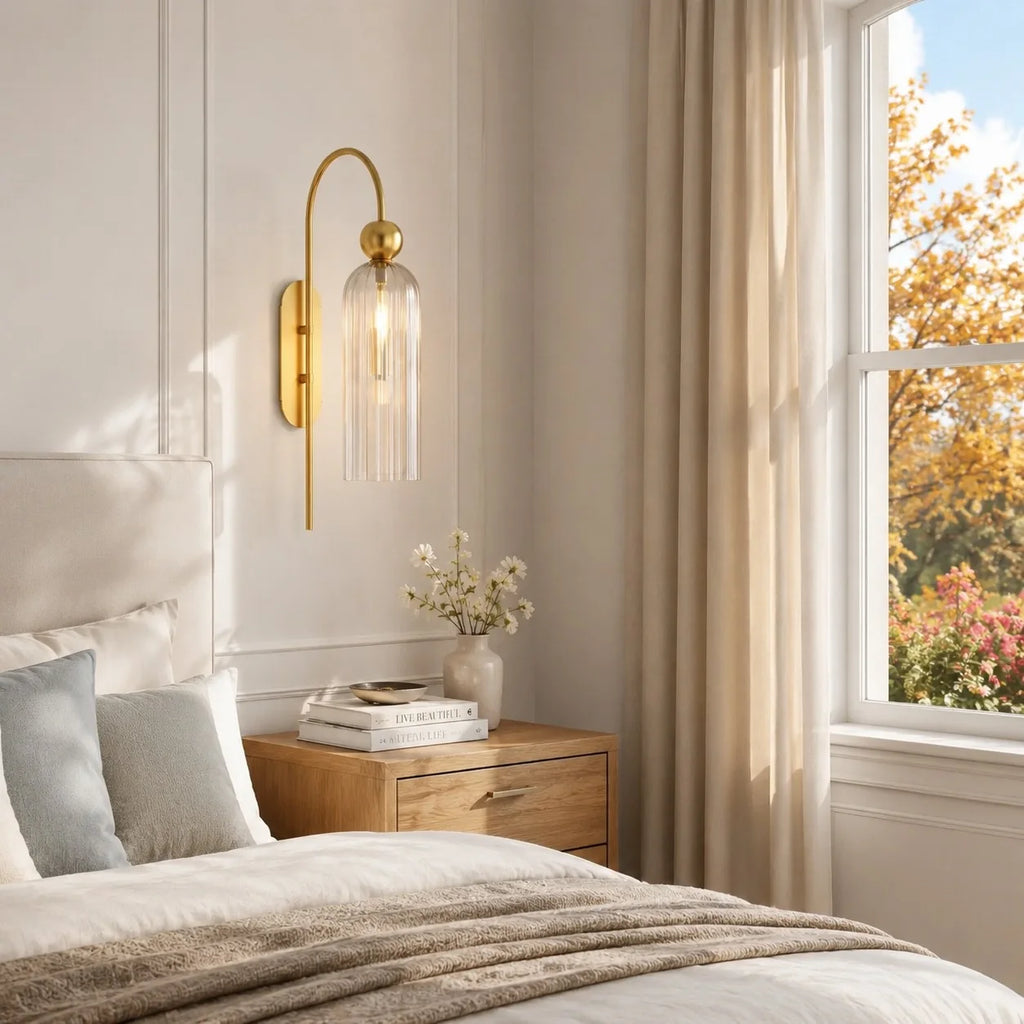 Azura | Ribbed Glass Wall Sconce, Gold Gooseneck Cylinder Wall Light, Alabaster or Travertine Shade