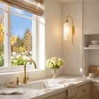 Azura | Ribbed Glass Wall Sconce, Gold Gooseneck Cylinder Wall Light, Alabaster or Travertine Shade