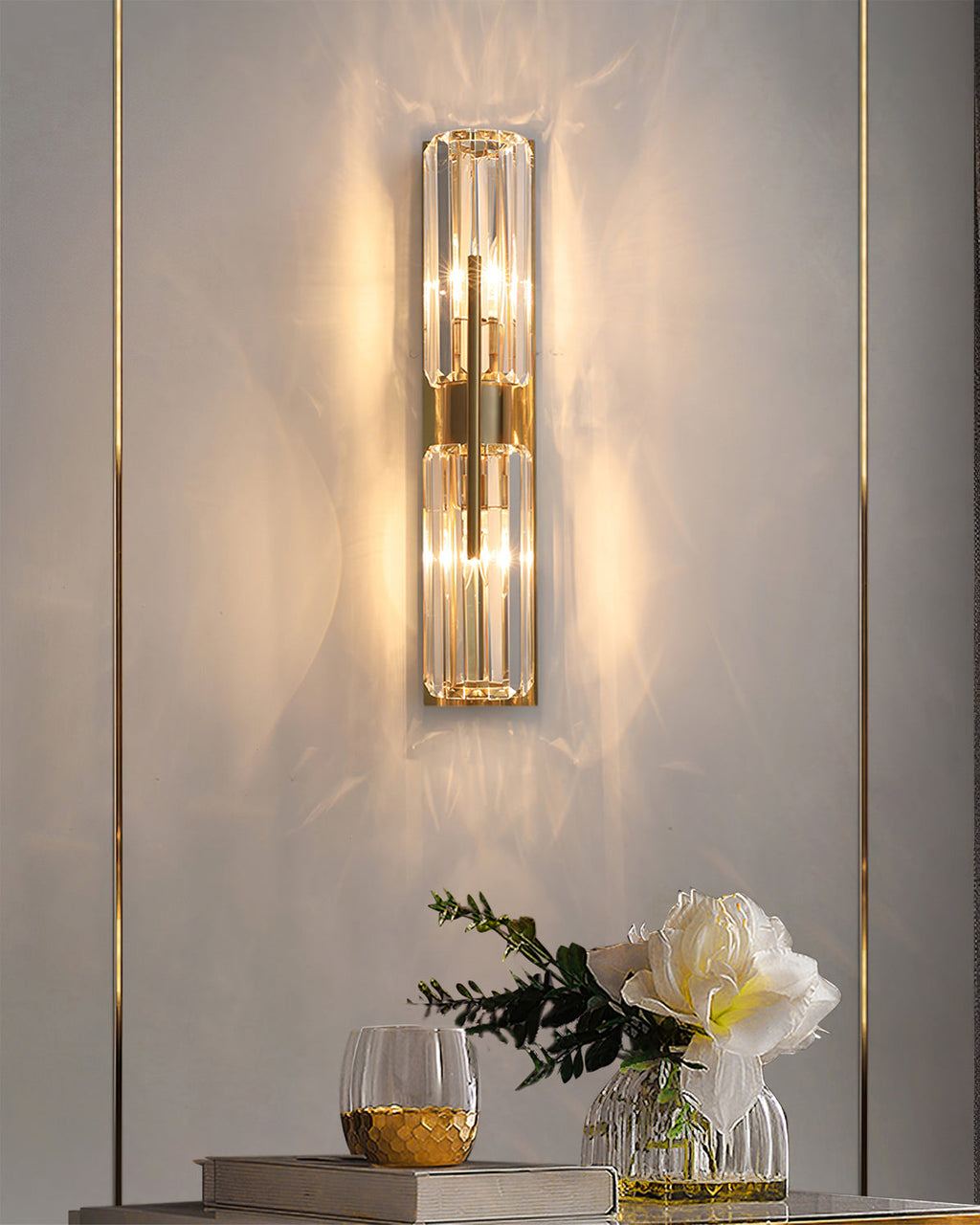 Bepuzz | Crystal Wall Sconce, Art Deco Brass Wall Light, Bathroom Vanity and Hallway Wall Lamp