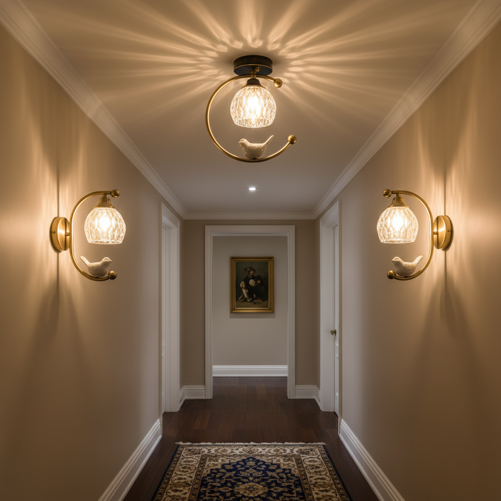 Perch | Ceramic Bird Semi Flush Mount Ceiling Light, Glass Hallway Light Fixture in Brass or Black