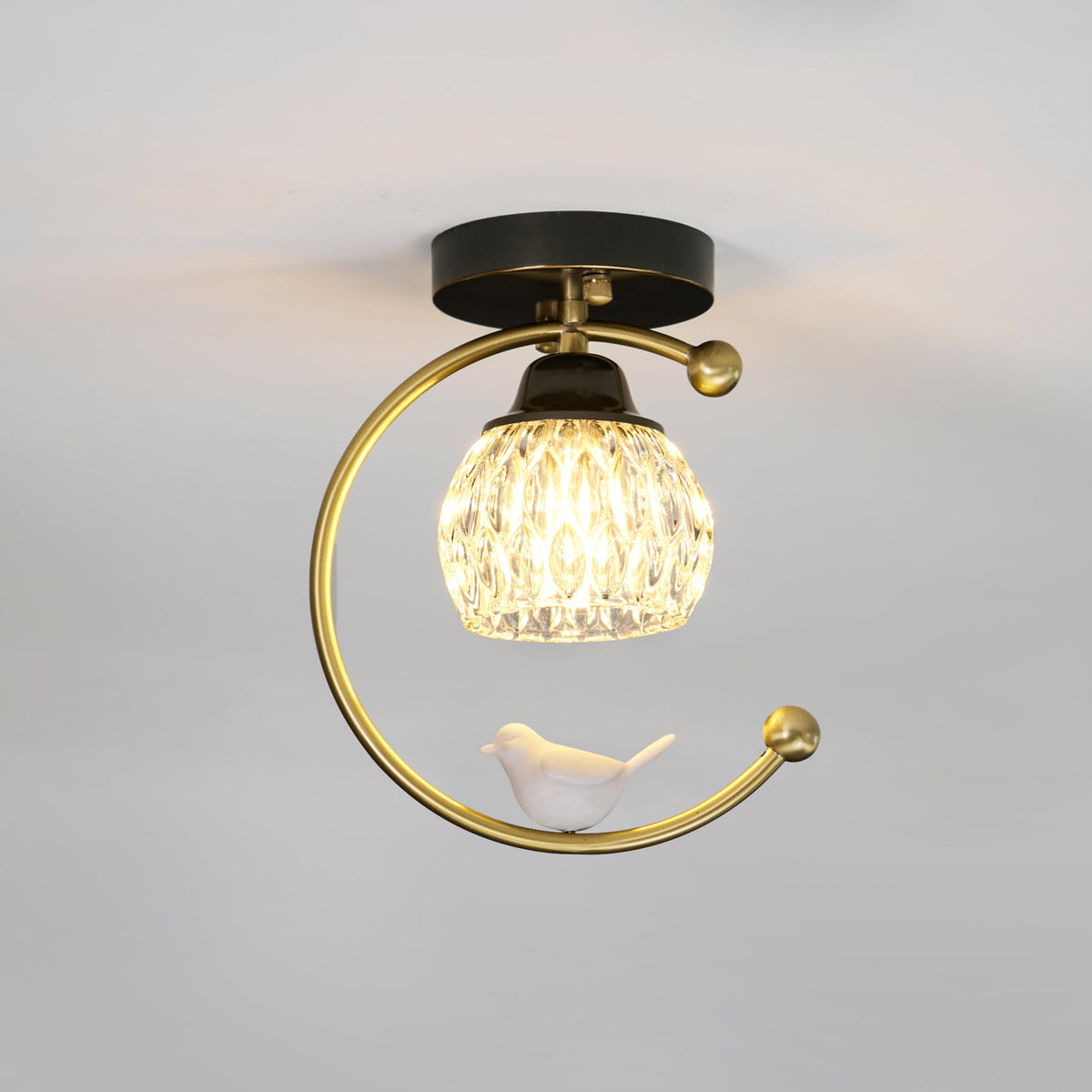 Perch | Ceramic Bird Semi Flush Mount Ceiling Light, Glass Hallway Light Fixture in Brass or Black