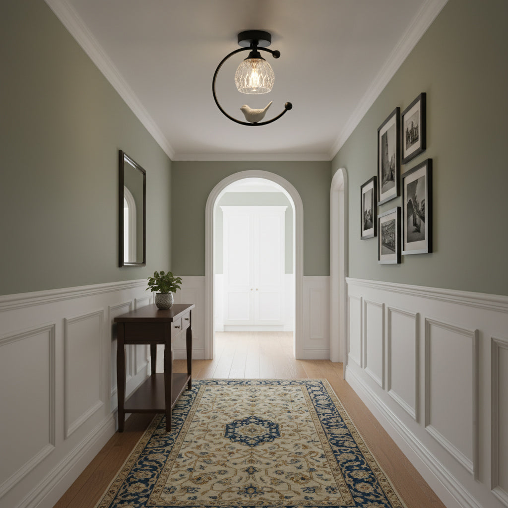 Perch | Ceramic Bird Semi Flush Mount Ceiling Light, Glass Hallway Light Fixture in Brass or Black