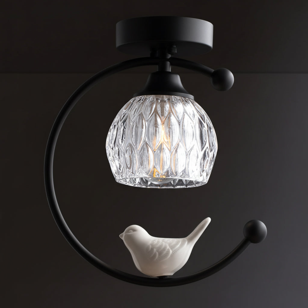 Perch | Ceramic Bird Semi Flush Mount Ceiling Light, Glass Hallway Light Fixture in Brass or Black