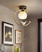 Perch | Ceramic Bird Semi Flush Mount Ceiling Light, Glass Hallway Light Fixture in Brass or Black