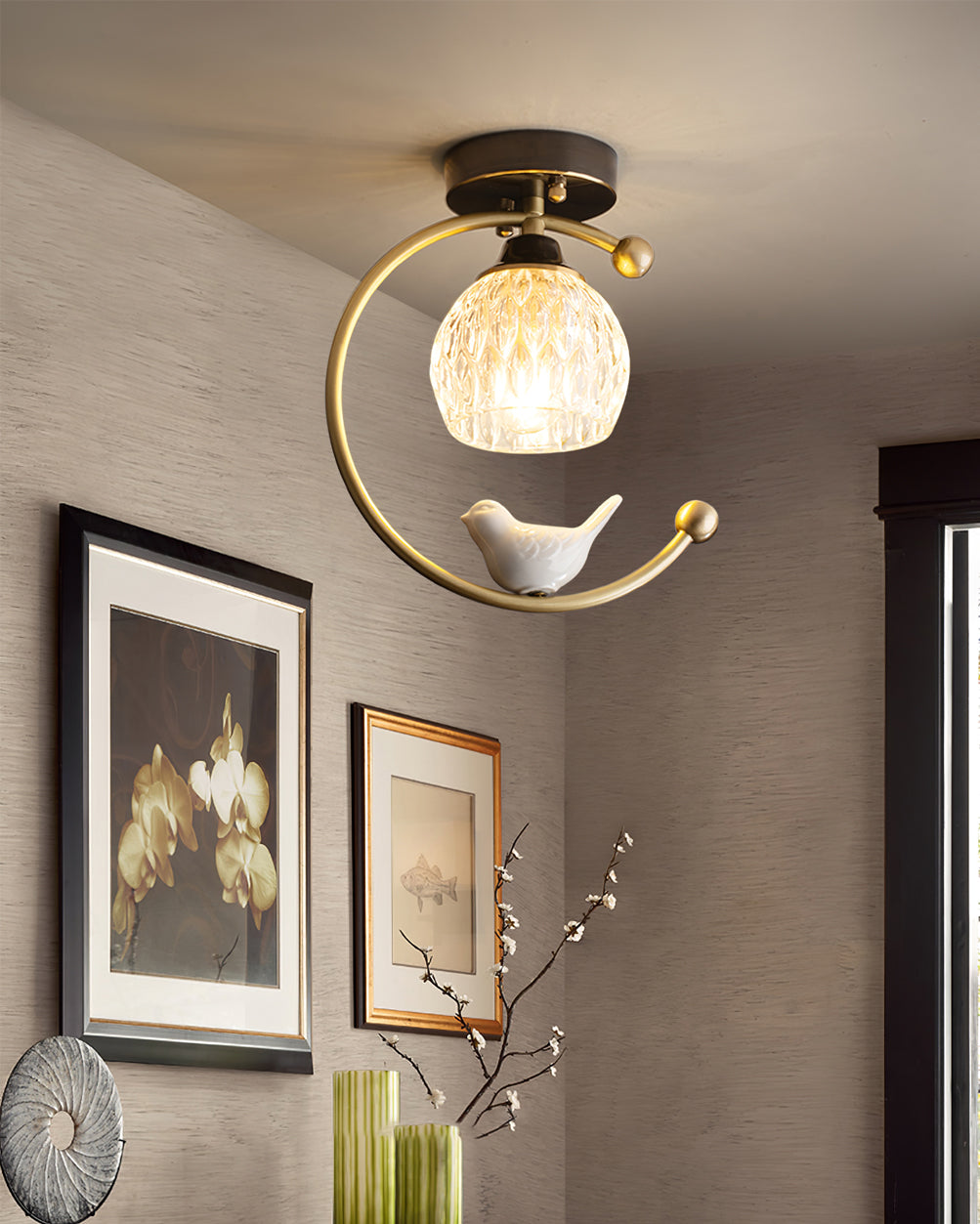 Perch | Ceramic Bird Semi Flush Mount Ceiling Light, Glass Hallway Light Fixture in Brass or Black