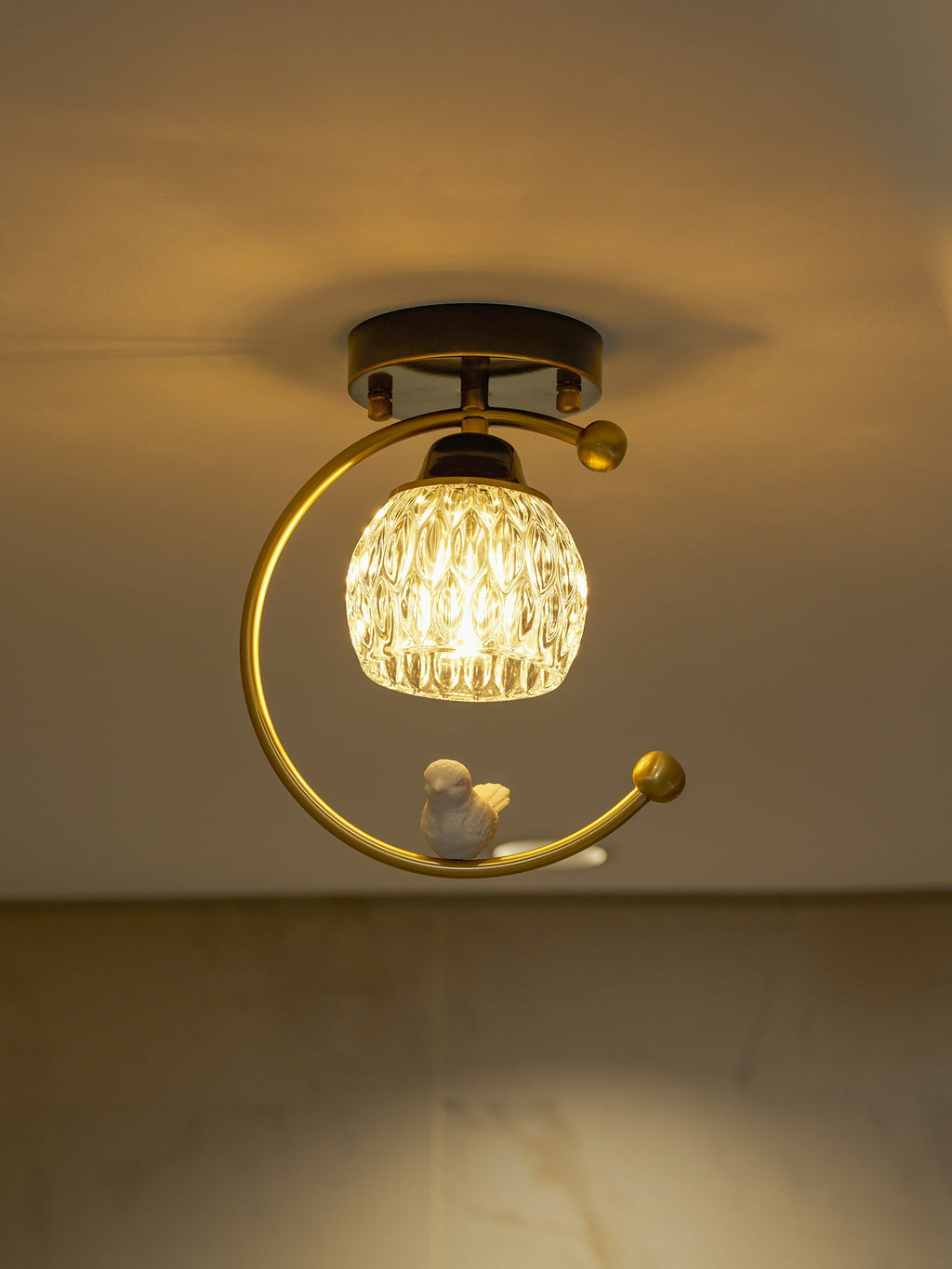 Perch | Ceramic Bird Semi Flush Mount Ceiling Light, Glass Hallway Light Fixture in Brass or Black