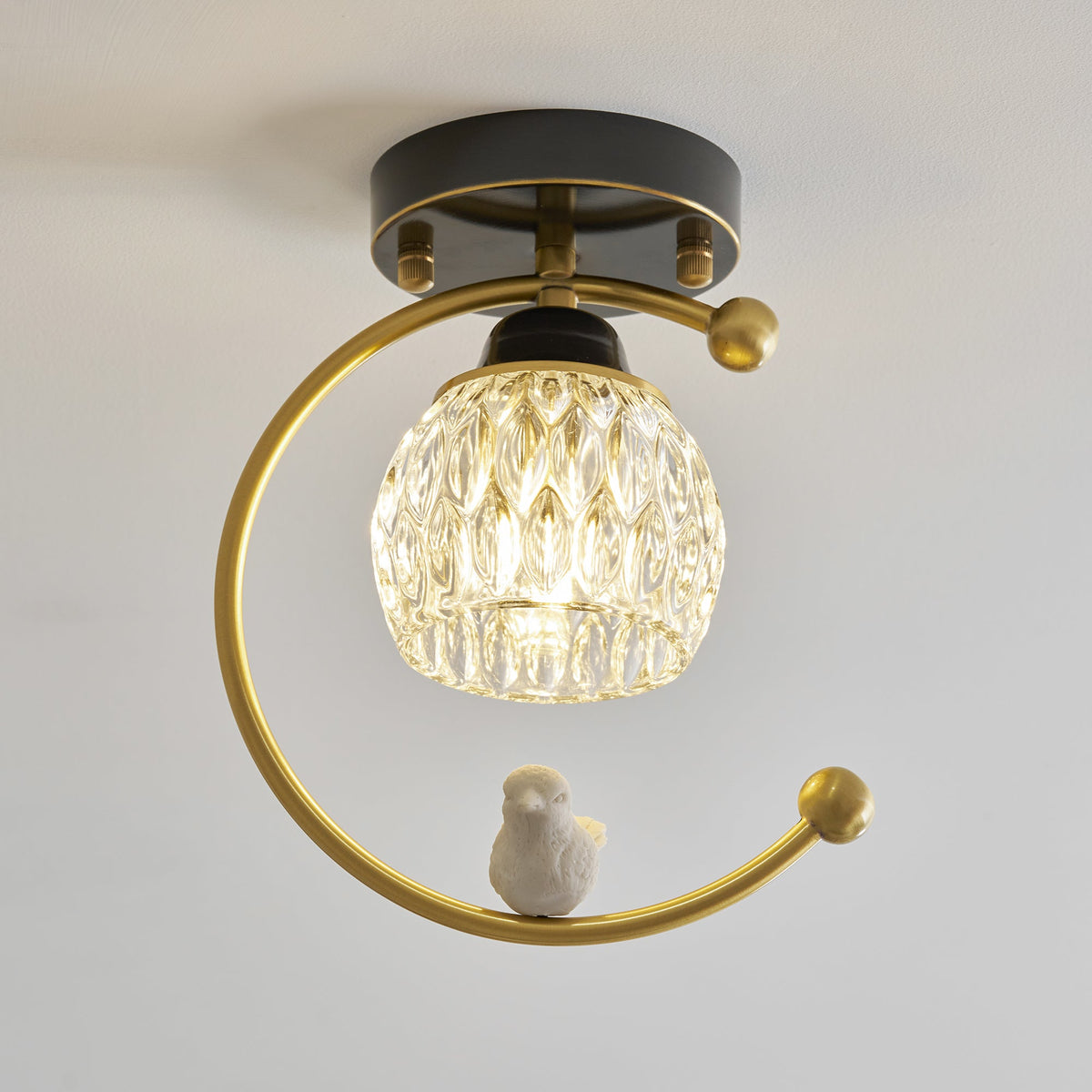 Perch | Ceramic Bird Semi Flush Mount Ceiling Light, Glass Hallway Light Fixture in Brass or Black