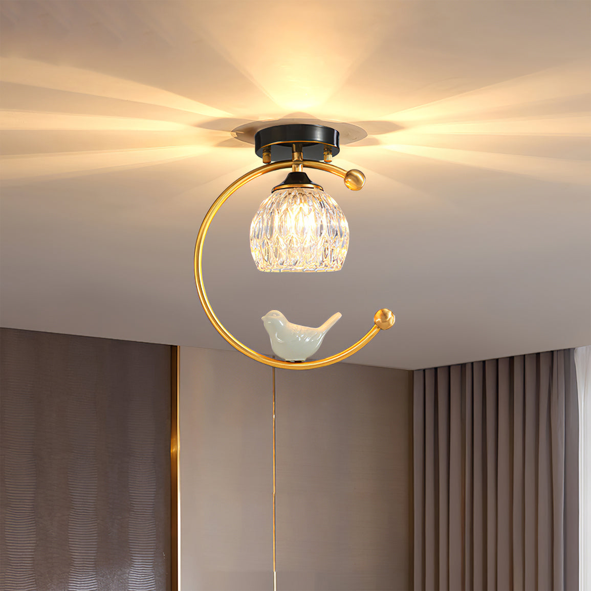 Perch | Ceramic Bird Semi Flush Mount Ceiling Light, Glass Hallway Light Fixture in Brass or Black