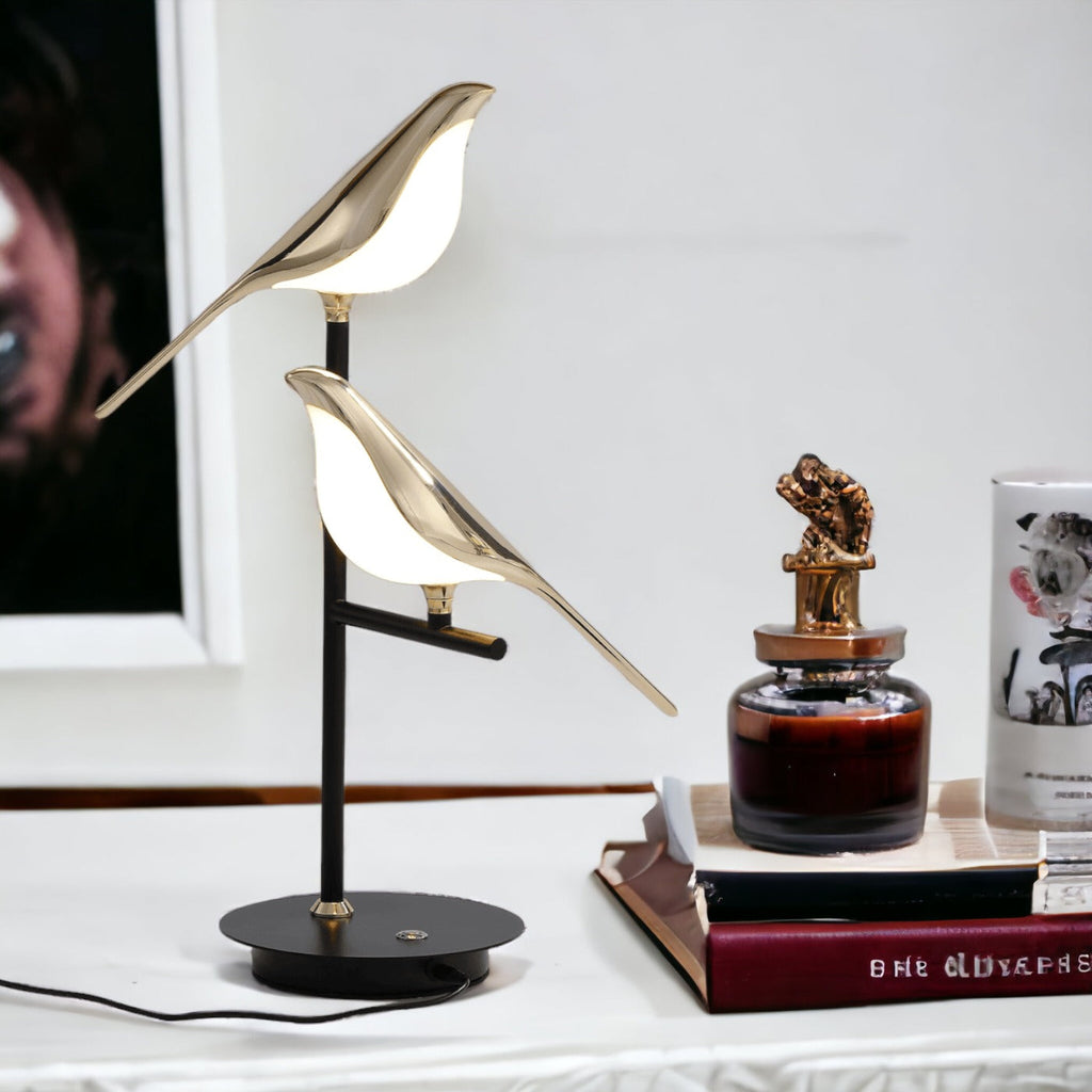 Wren | Bird Table Lamp, Gold LED Desk Lamp with Two Birds, Modern Nordic Bedside Lamp
