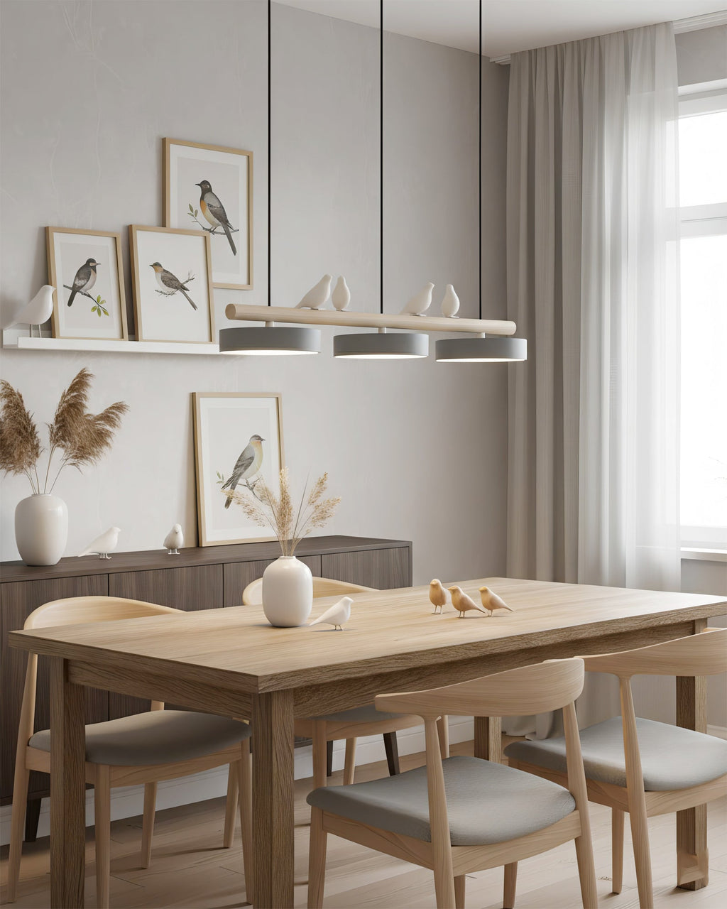 Sienna Bird | Linear Pendant Light with Birds, Wood LED Kitchen Island Chandelier, Dimmable Options