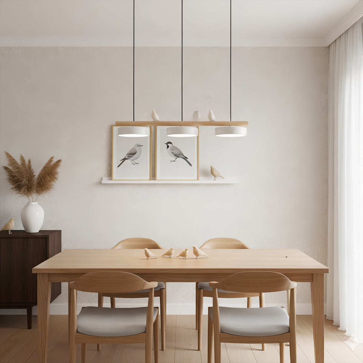 Sienna Bird | Linear Pendant Light with Birds, Wood LED Kitchen Island Chandelier, Dimmable Options